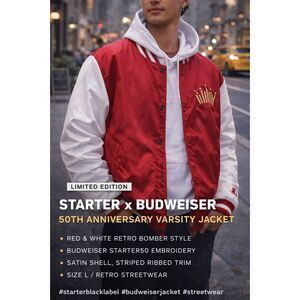 Starter/Budweiser 50th Anniversary Satin Varsity Jacket Red White L Retro Bomber